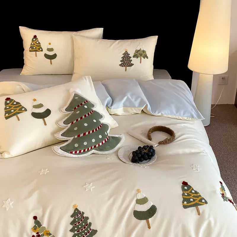 Pure cotton bedding set with Christmas tree embroidery showing duvet cover, sheet and pillowcases