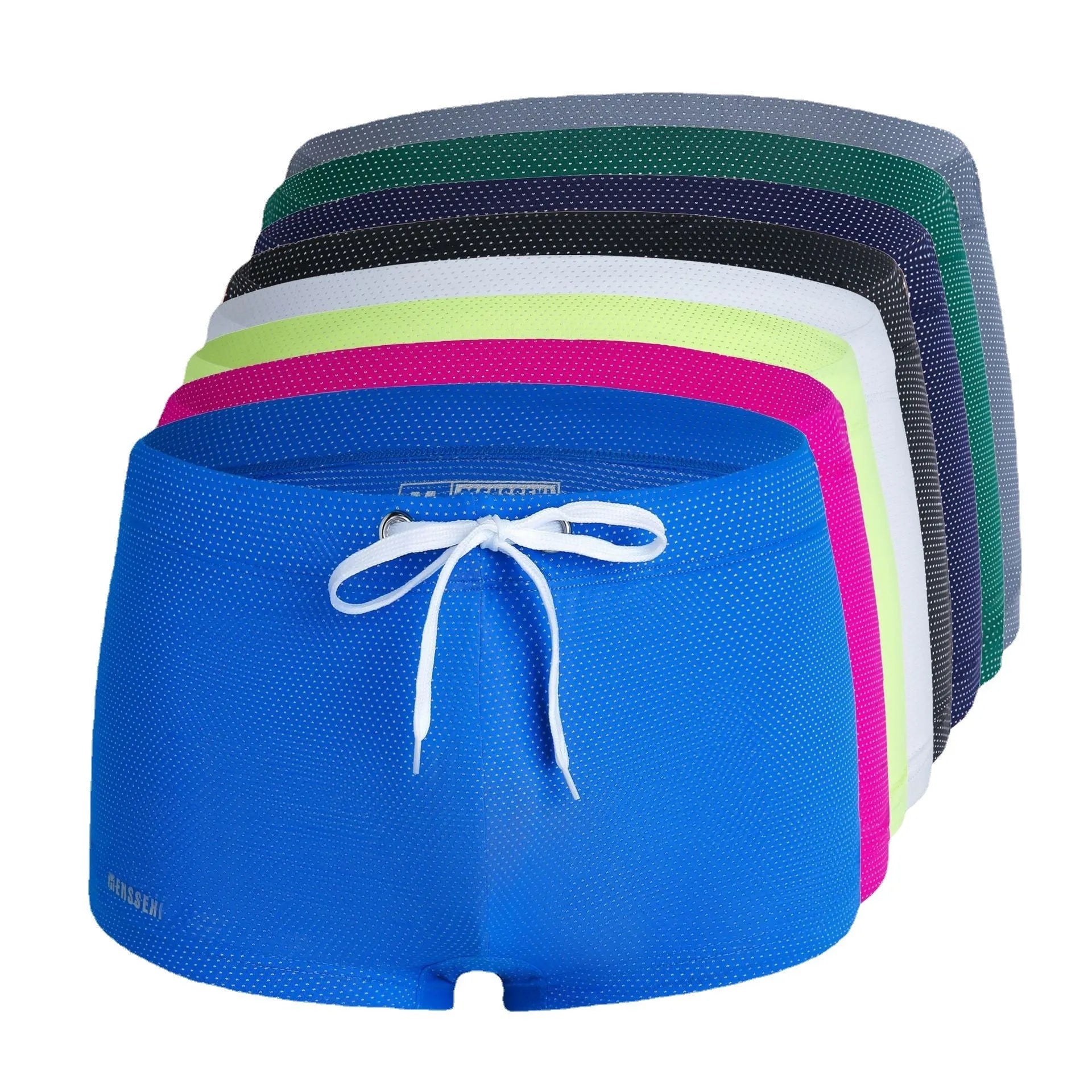 Men's low waist boxer swimming trunks in nylon lace fabric available in multiple solid colours