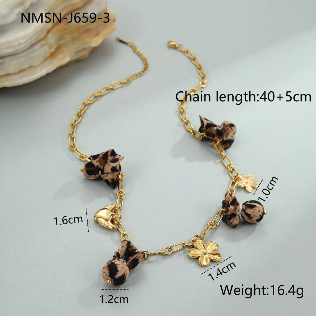 Stainless steel necklace with leopard pendant and love heart flowers design on adjustable chain