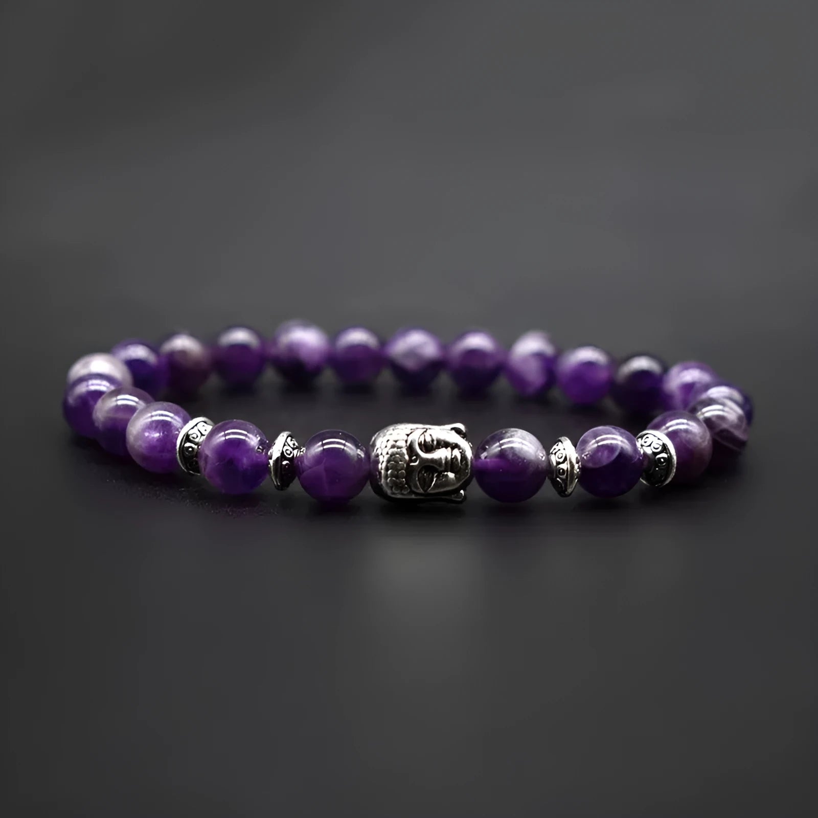 Handmade bracelet with 19mm Buddha head charm in tiger eye, amethyst, black agate, pink crystal, or green gold stone options