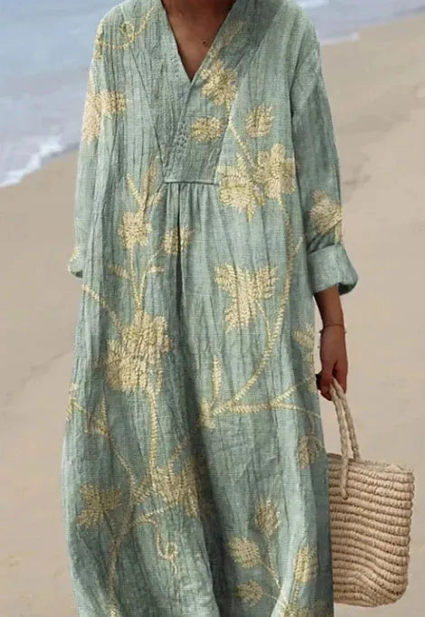 Women's casual long floral shirt dress with 3D printed pattern, pullover style, and wide waist.