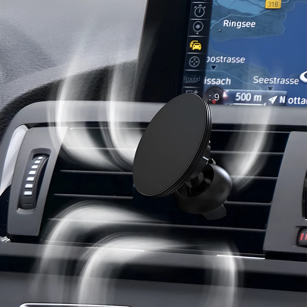 Black aluminium alloy magnetic car phone holder mounted on car air vent