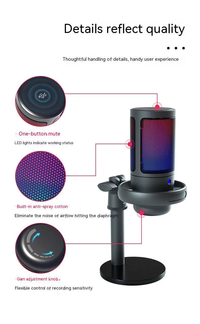 RGB colourful condenser microphone with USB cable for live broadcasting