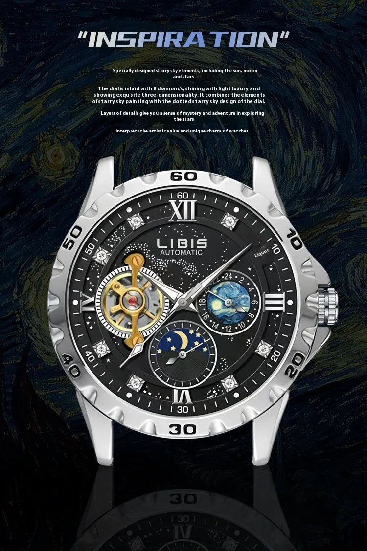 Men's silver automatic watch with black starry luminous dial and leather strap