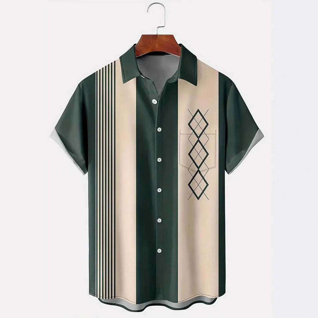 Man wearing a loose fit plaid short sleeve shirt with a lapel collar in a casual setting.