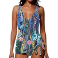 Women's printed triangle bikini split swimsuit set in colour 5, showing backless top and briefs.