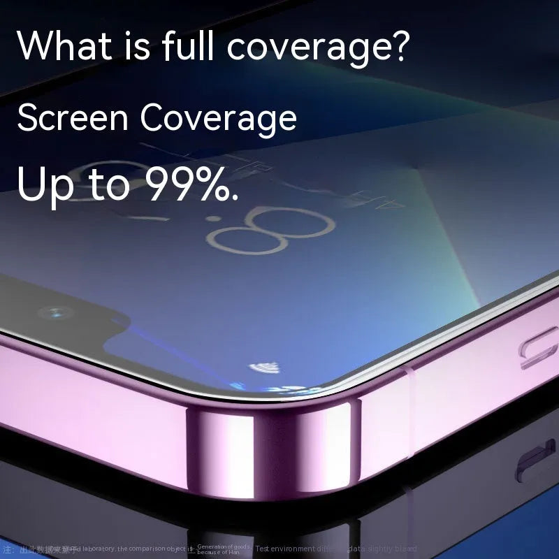 iPhone tempered glass screen protector with privacy and anti-purple light features on a mobile phone.