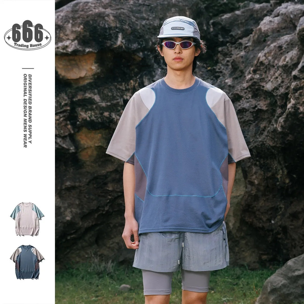 Men's loose fit patchwork t-shirt in cotton blend fabric with raglan sleeves