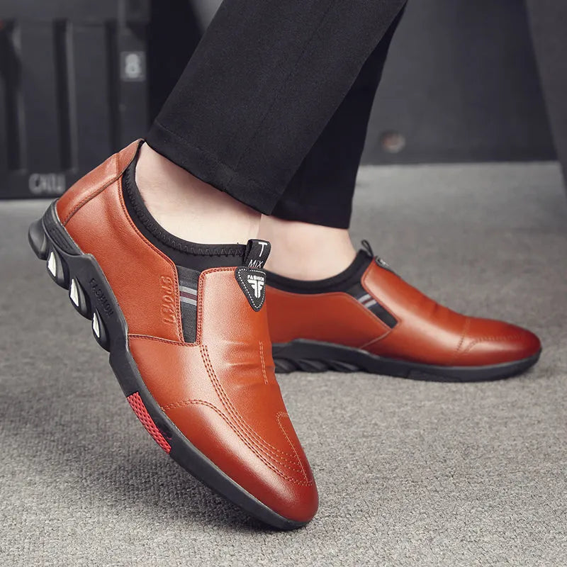 Men's black and brown PU leather shoes with flat heel for business casual wear