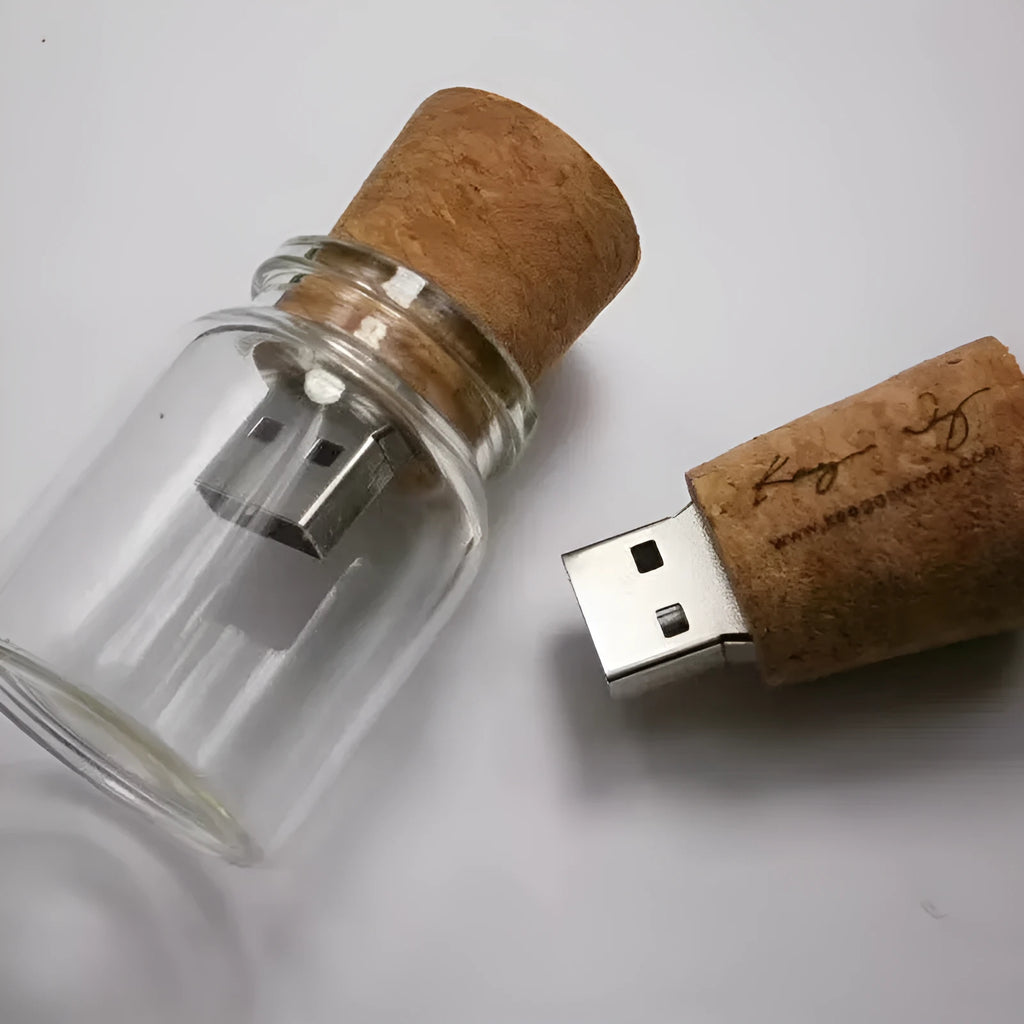 Wooden wish drift bottle USB flash drive with transparent housing showing decorative interior