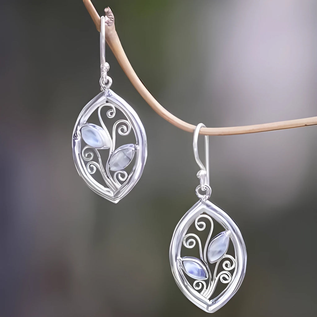 Silver alloy leaf-shaped earrings with embedded colourful moonstones for women