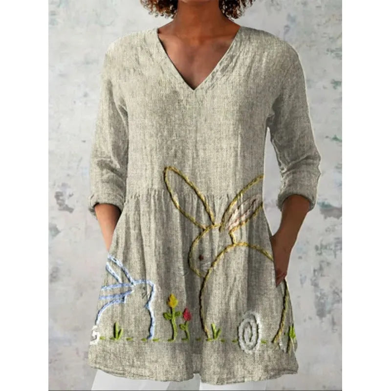 Women's printed polyester dress with 3/4 sleeves and wide waist in multiple pattern styles