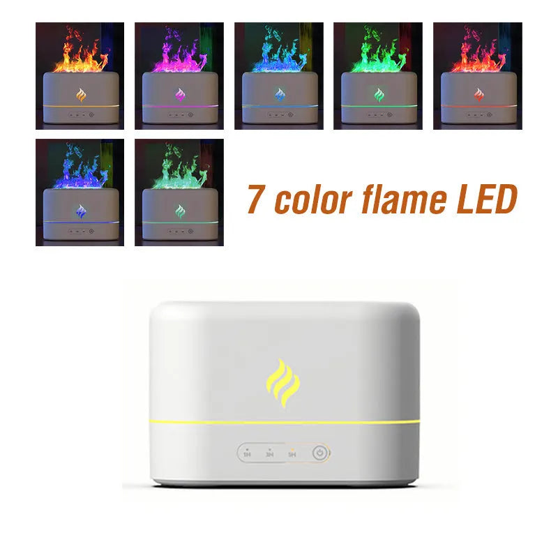Black USB mist humidifier with seven-colour flame effect on wooden table