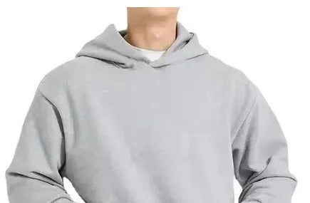 A man's grey fleece-lined cotton hoodie with a pullover design and threaded long sleeves.