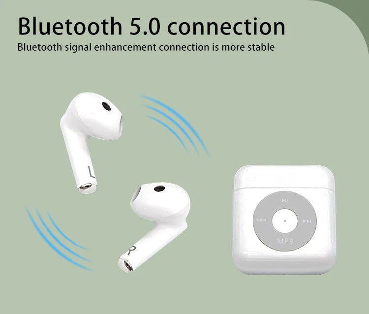 White wireless Bluetooth earphones with a semi in ear design and a matching charging compartment case.