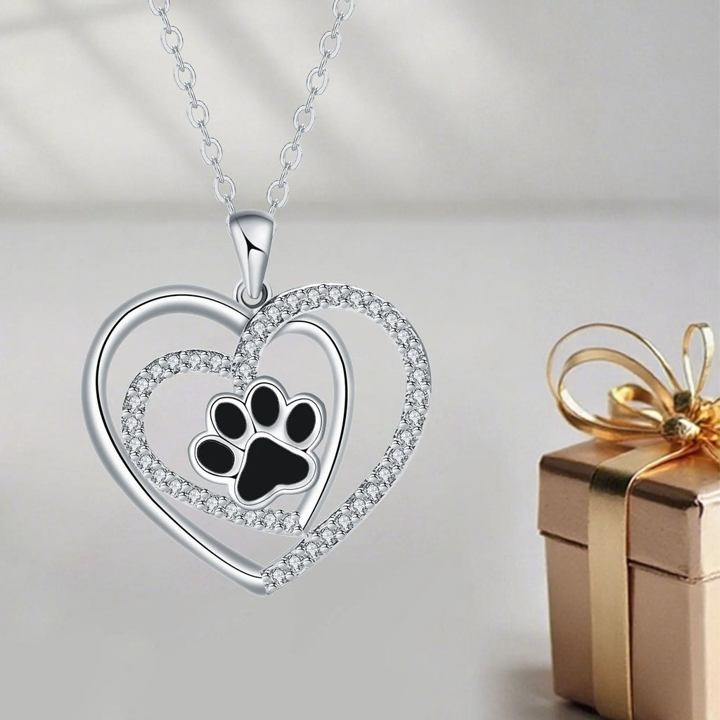 Women's dog paw print heart necklace on cross chain, electroplated copper construction