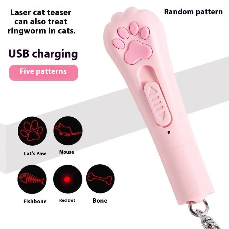 Cat pen light charging toy with teaser wand in cream white, pink or blue plastic