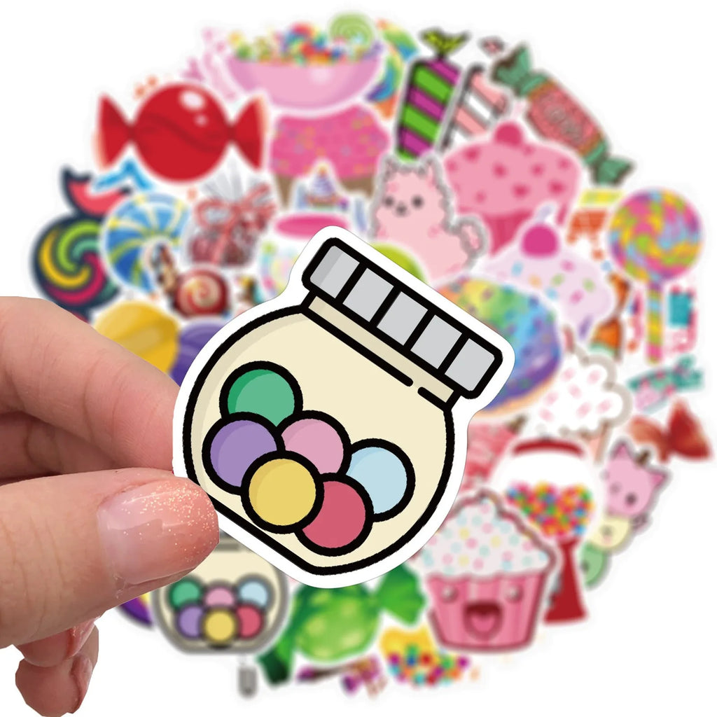 Pack of 50 colourful candy graffiti cartoon stickers measuring 4-6cm on pink background
