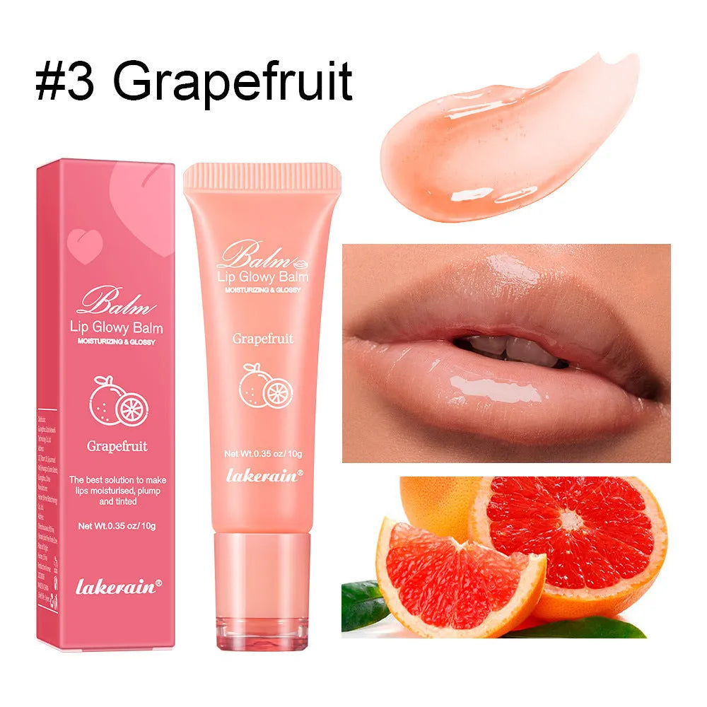 Women's natural lip gloss tube in one of four flavours: yellow peach, berry, pomelo, or grape.