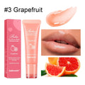 Women's natural lip gloss tube in one of four flavours: yellow peach, berry, pomelo, or grape.