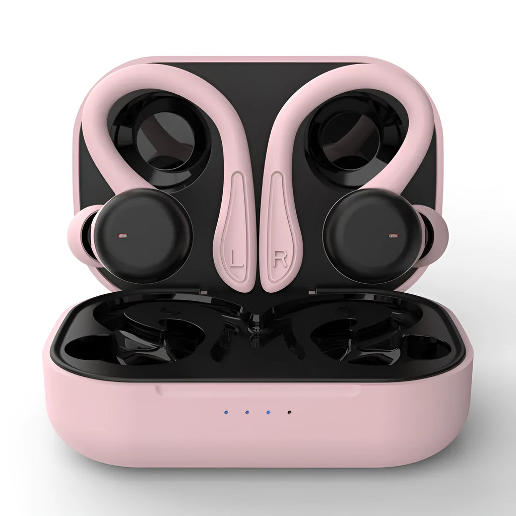 Black hanging ear true wireless headphones with removable ear hooks and multiple earbud sizes