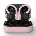 Black hanging ear true wireless headphones with removable ear hooks and multiple earbud sizes