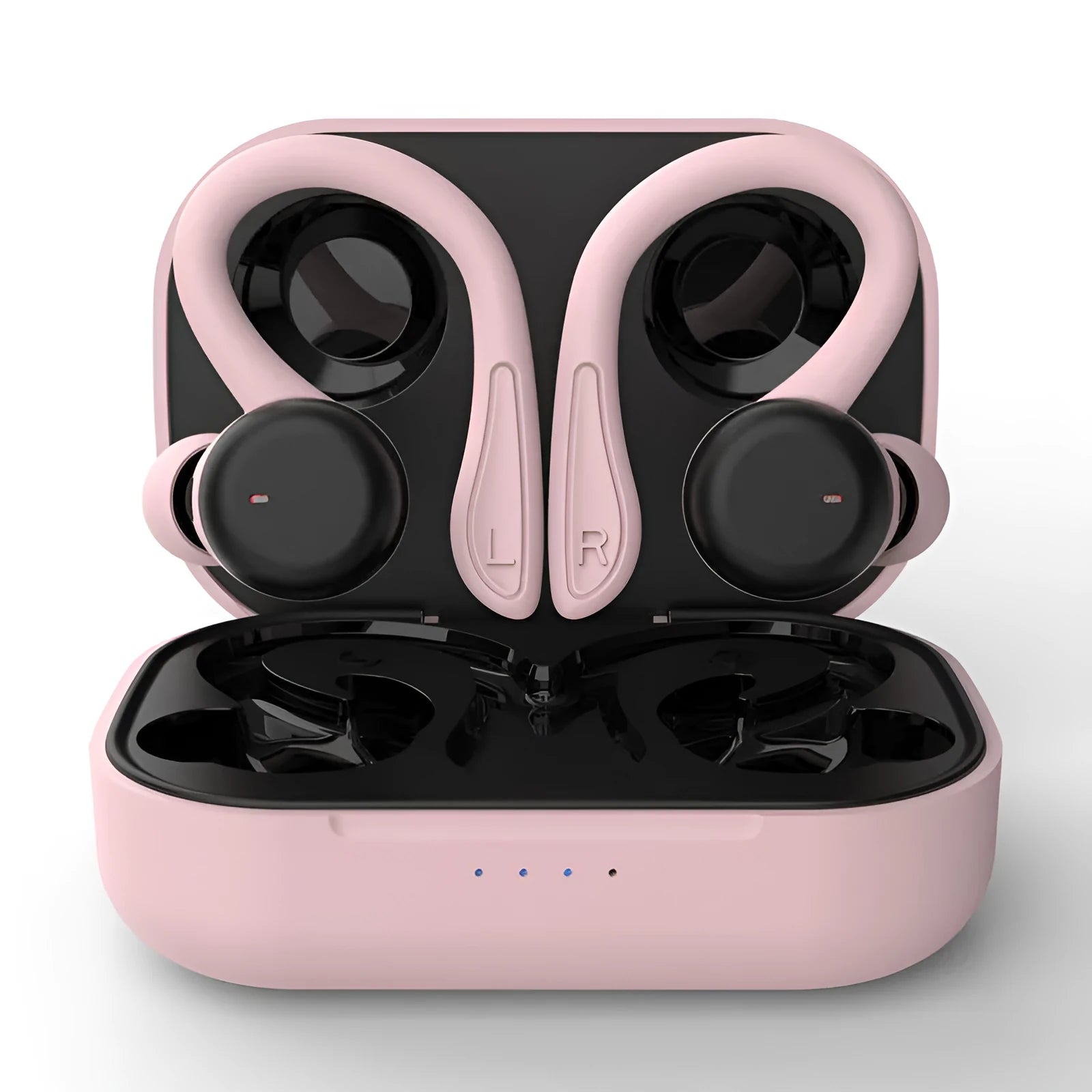 Black hanging ear true wireless headphones with removable ear hooks and multiple earbud sizes