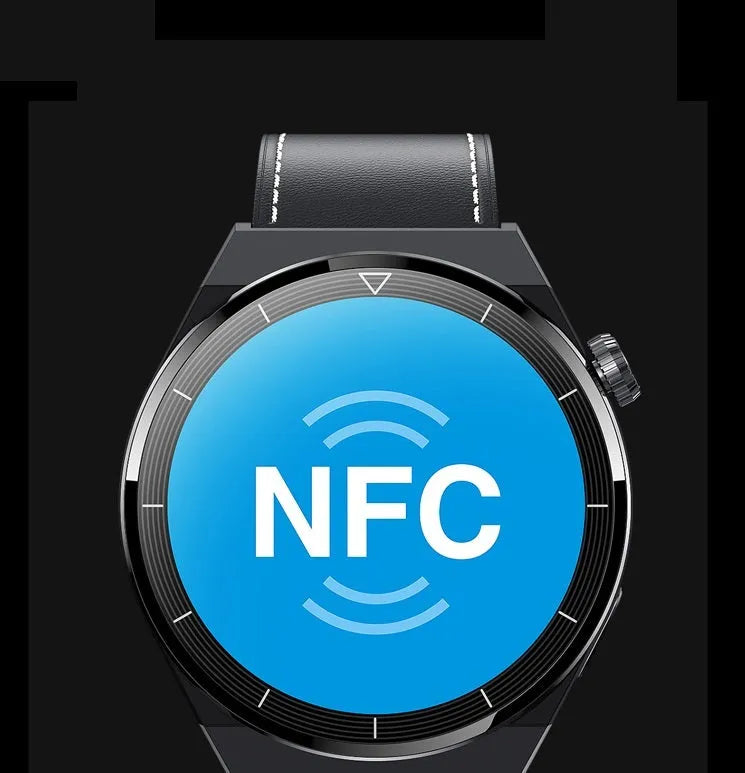 Round Bluetooth smart watch with NFC on a black silicone strap, showing call screen.