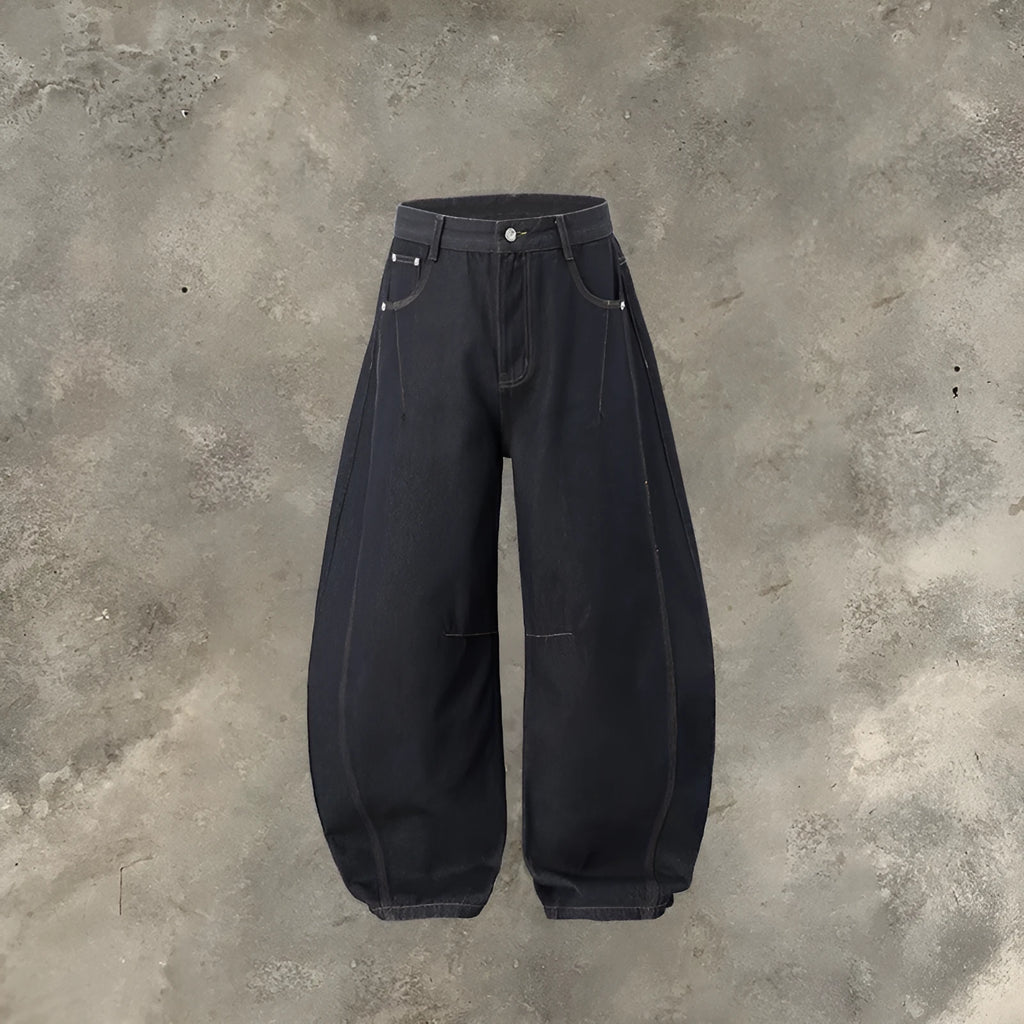 Men's wide leg denim trousers in original cow colour showing mid waist design and straight leg cut