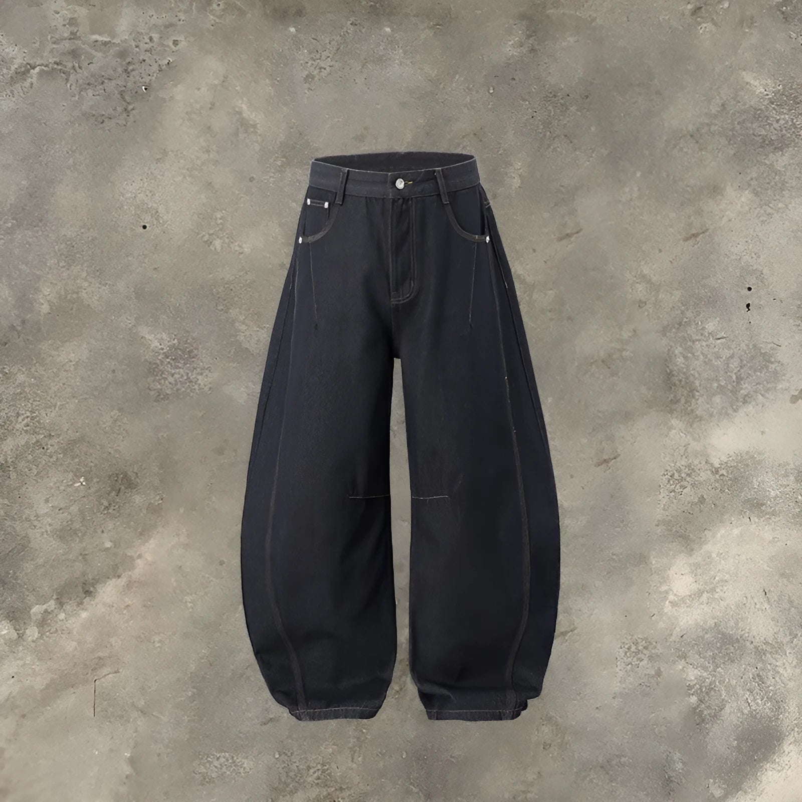 Men's wide leg denim trousers in original cow colour showing mid waist design and straight leg cut