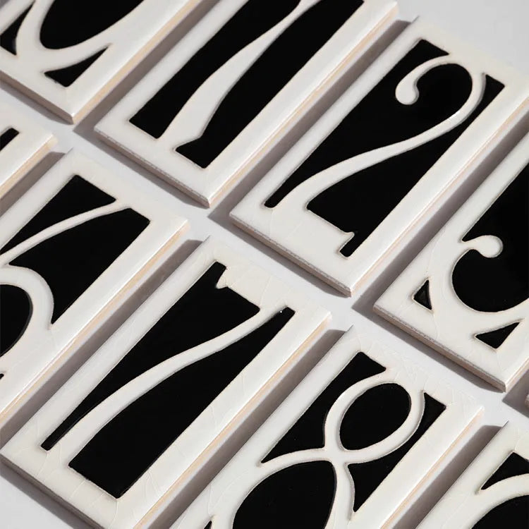 Handmade ceramic retro enamel art doorplate showing number style options on a 76mm by 152mm plaque.