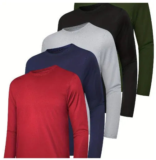 Four men's lightweight hoodies in different colours showing elastic polyester fibre fabric and hooded design