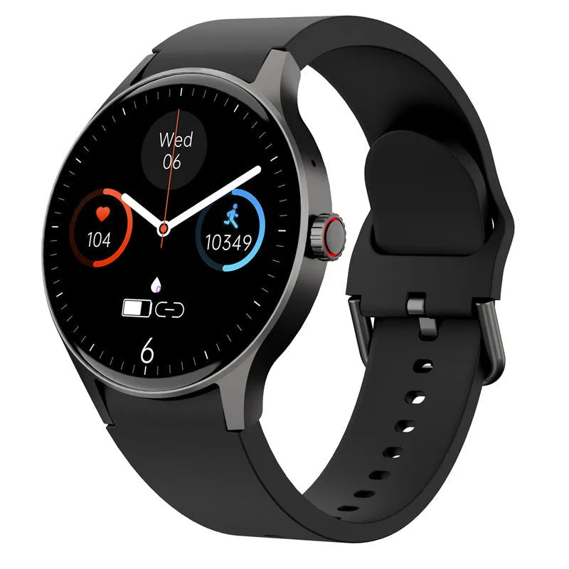 Round smartwatch with colour touchscreen display showing fitness data on wrist