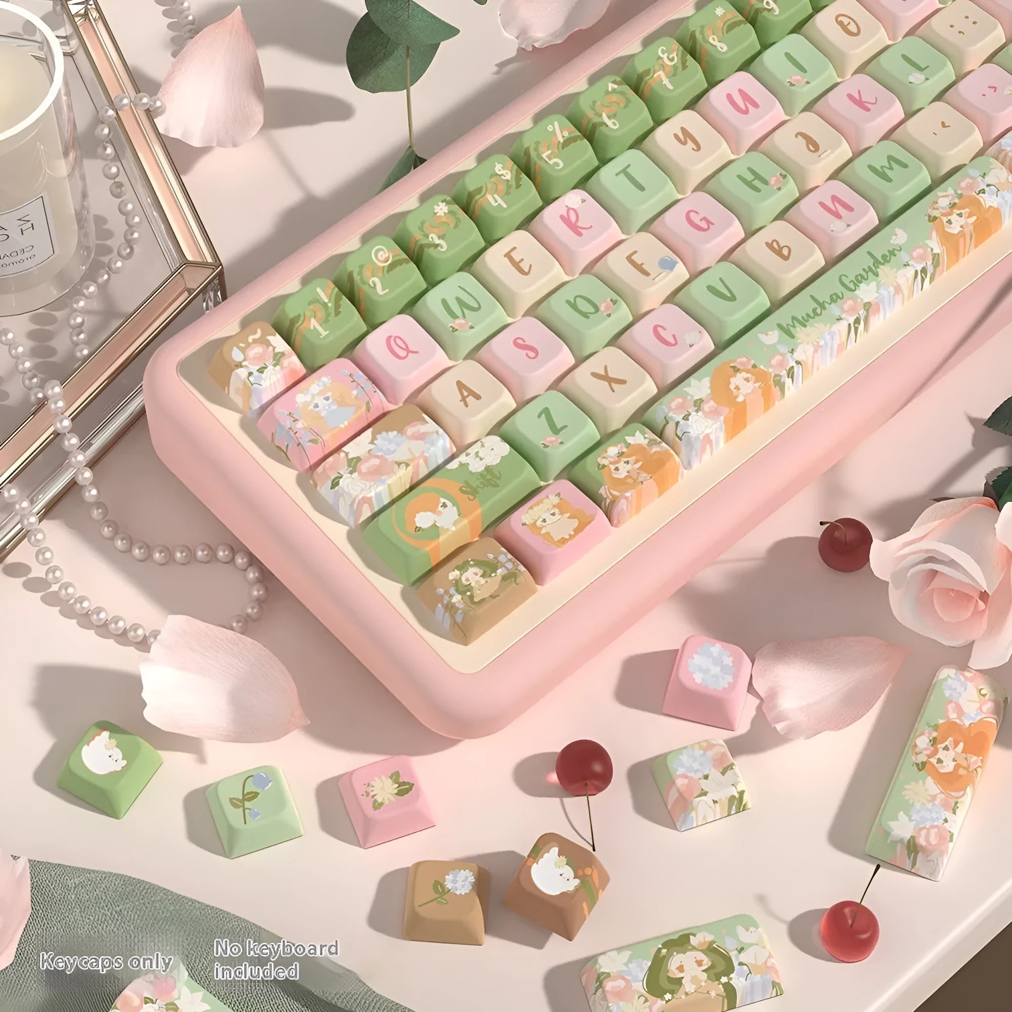 Summer Garden design dye-sublimation printed keycap set for mechanical keyboards, shown in 138-key and 158-key options.