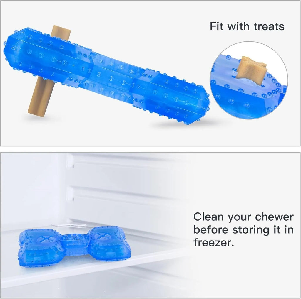 Freezable plastic dog chew toy filled with water for cooling and teething relief.