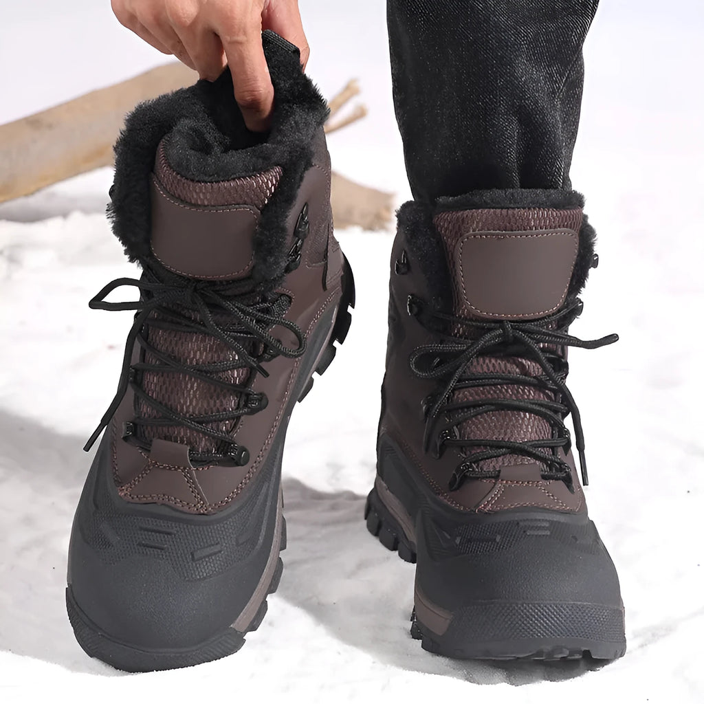 Men's black high-top lace-up winter boots with fleece lining, shown on a size 45 foot.
