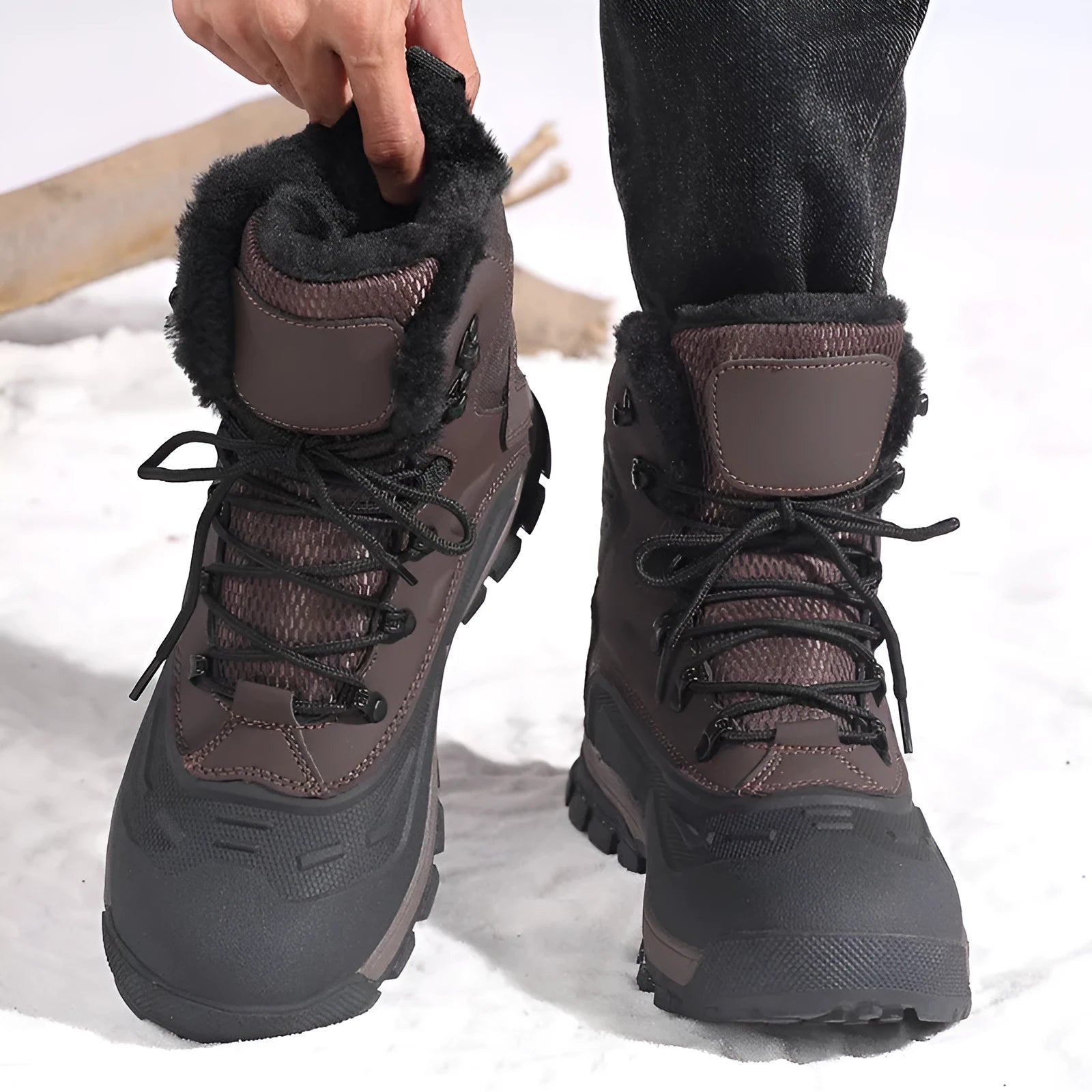 Men's black high-top lace-up winter boots with fleece lining, shown on a size 45 foot.