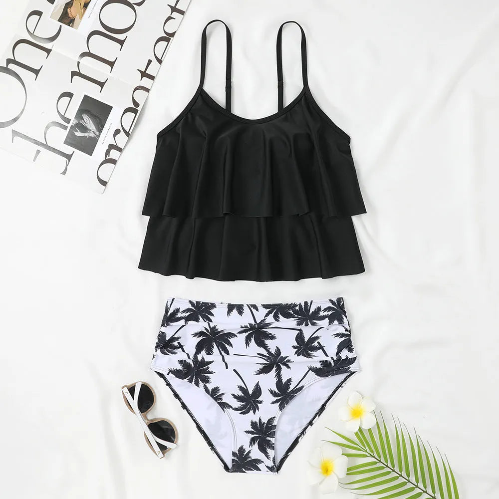 Women's high-waist double-layer swimsuit set with coconut tree print designs