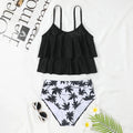 Women's high-waist double-layer swimsuit set with coconut tree print designs