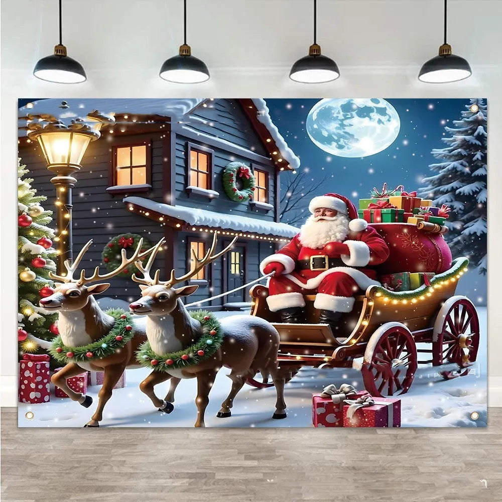 Christmas banner with Santa Claus night scene measuring 210 by 150 cm