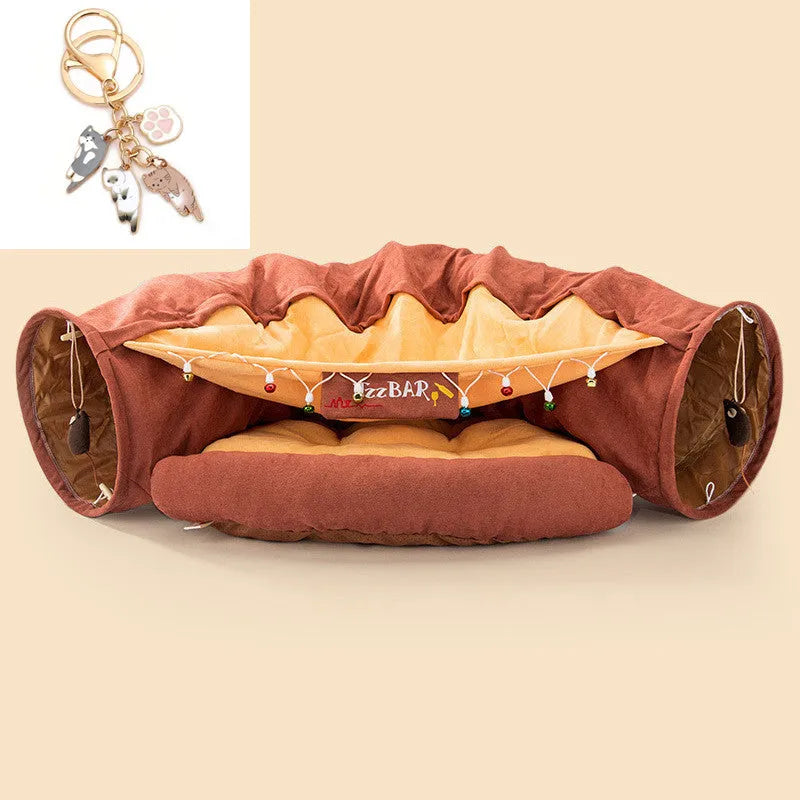 Collapsible blue cloth cat tunnel measuring 45cm long for indoor feline play