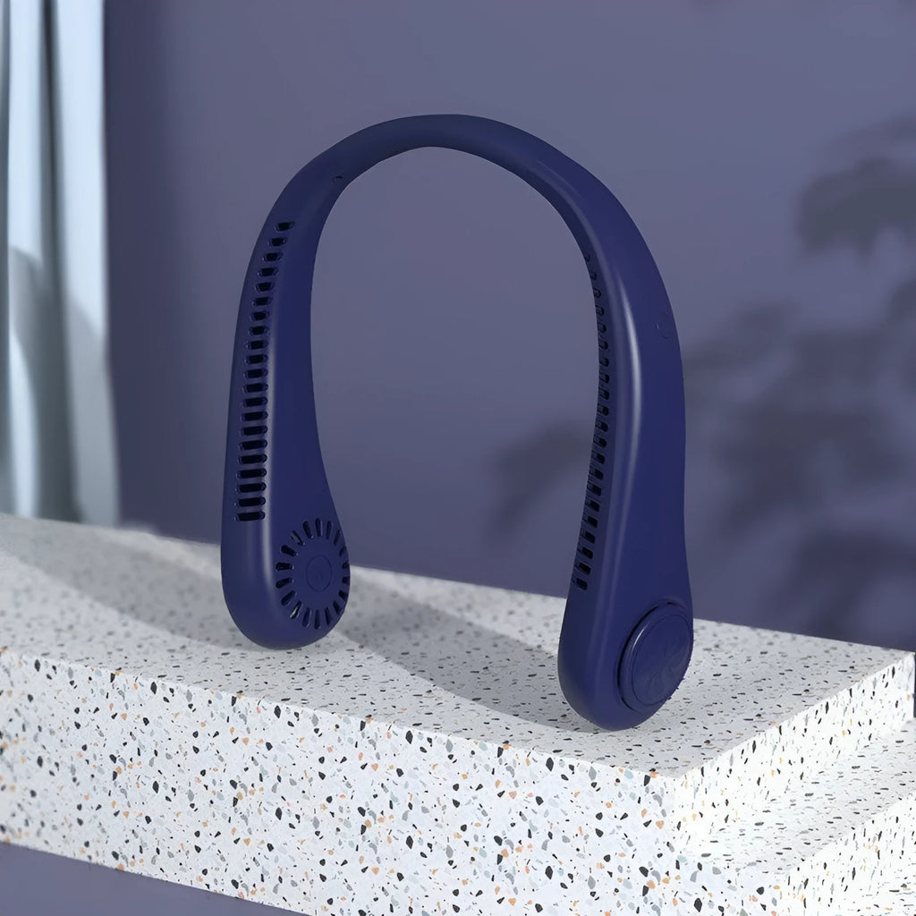 Blue USB charging portable bladeless neck fan with adjustable speeds and flexible neckband
