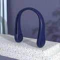 Blue USB charging portable bladeless neck fan with adjustable speeds and flexible neckband