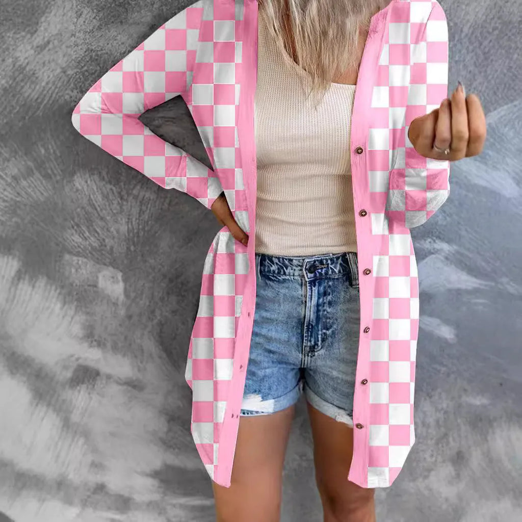 Women's long grey plaid knitted cardigan coat with loose fit and regular sleeves