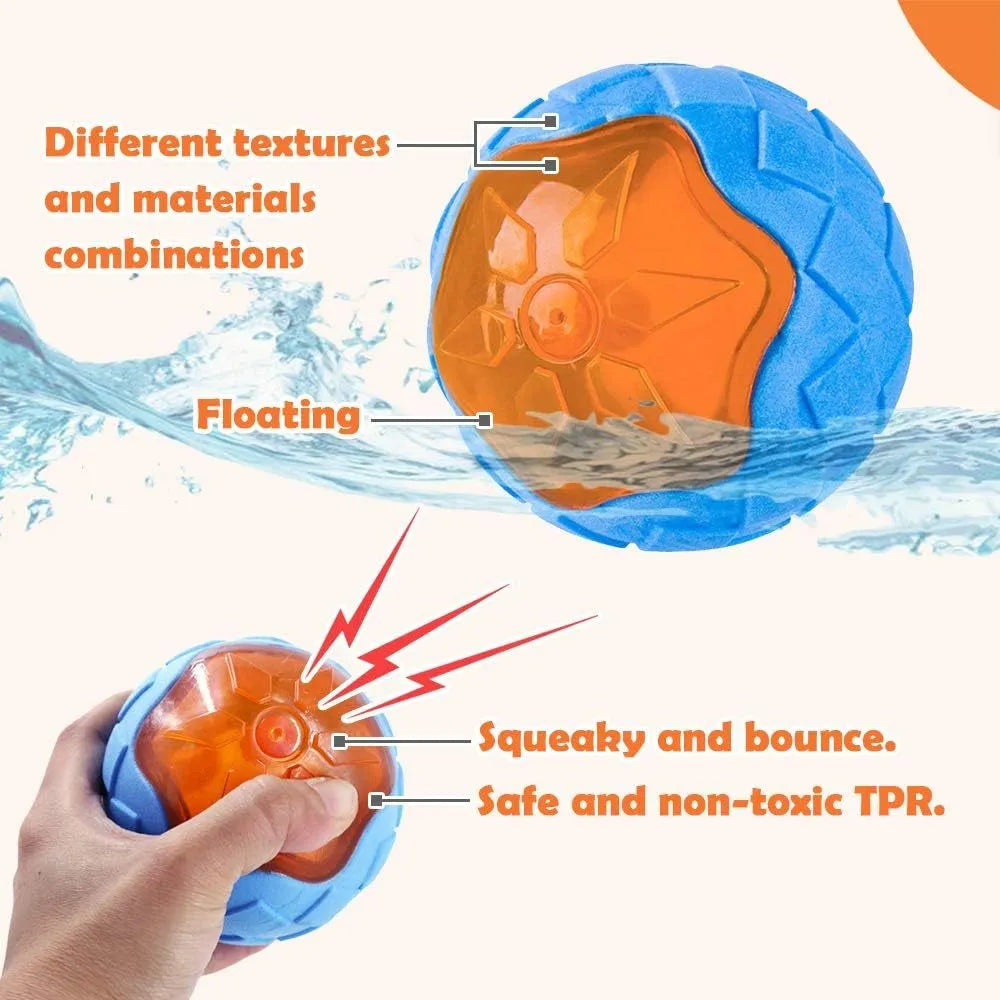 Set of three TPR floating squeaky dog toys: a red ball, blue barbell, and orange tyre with bumpy textures.