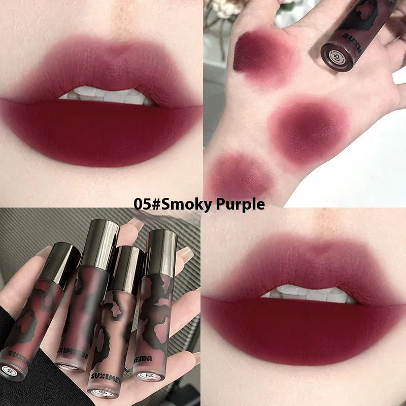 Matte liquid lipstick tube showing five colour options including orange brown coffee and jujube red