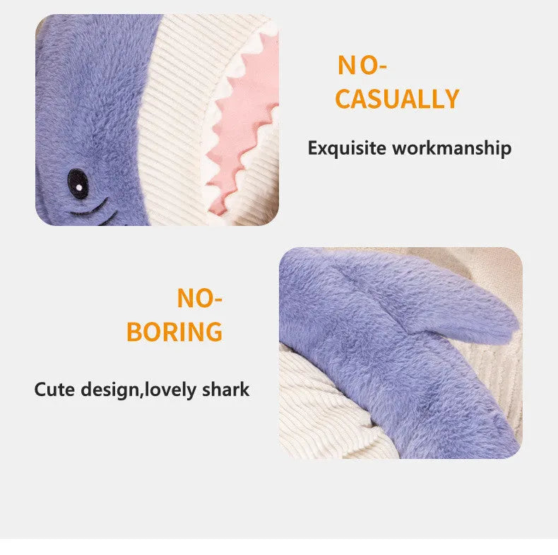 Blue shark pattern velvet pet bed cushion with no-slip bottom for small to medium dogs