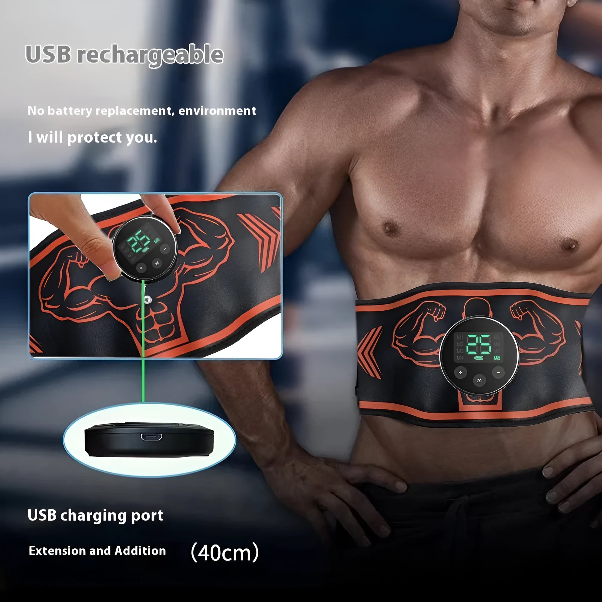 EMS abdominal massage belt with rechargeable host unit and separate arm electrodes in blue or orange