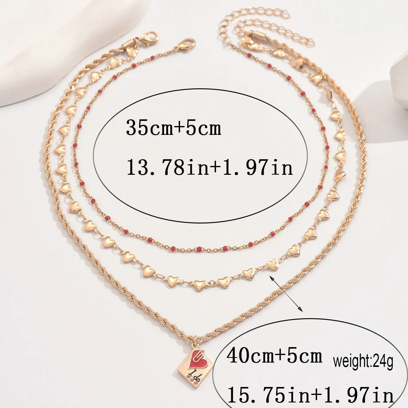 Three-layer zinc alloy clavicle chain necklace with geometric heart pendant, adjustable 41-50cm length
