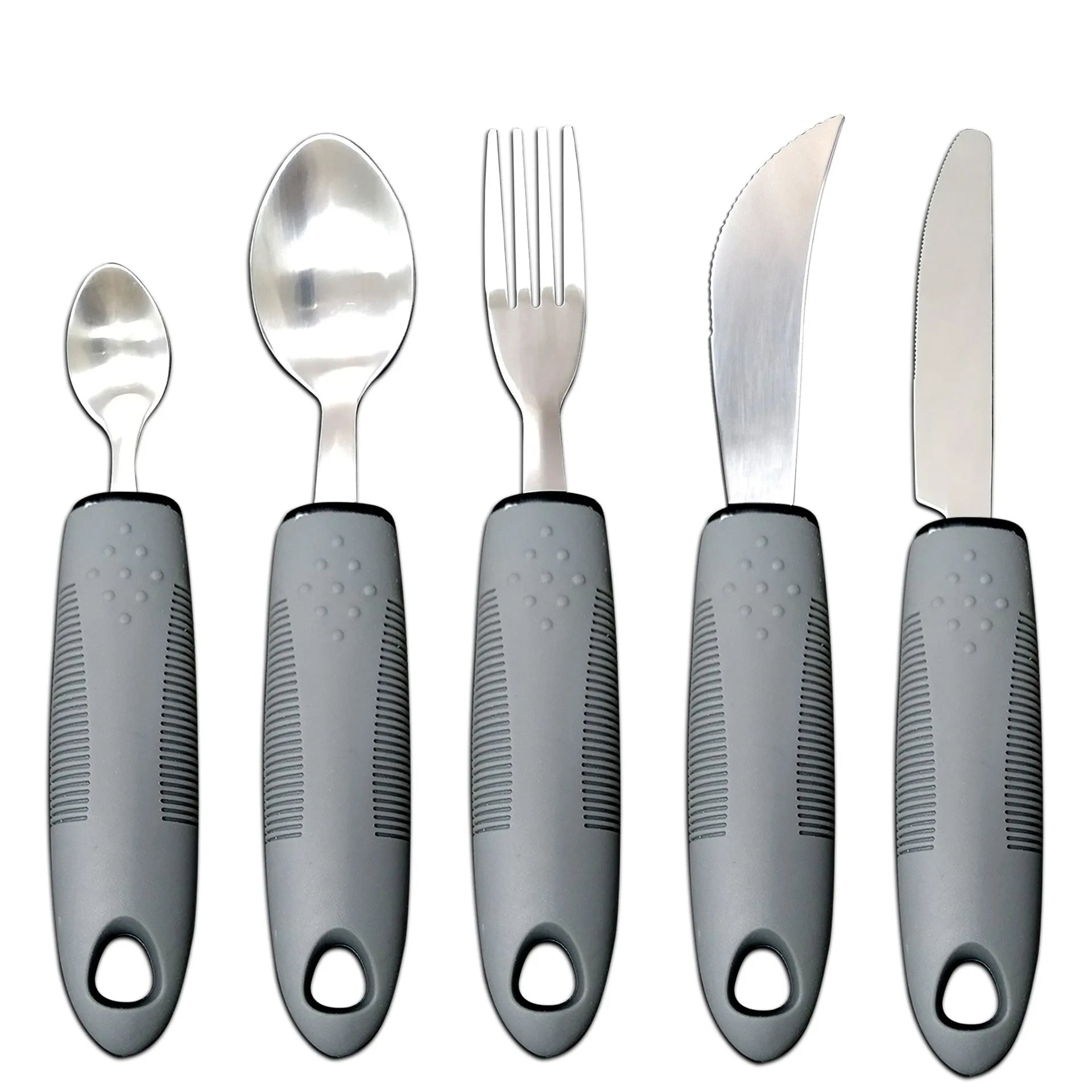 Anti-shake adaptive tableware set with stainless steel utensils and rubber handle grips